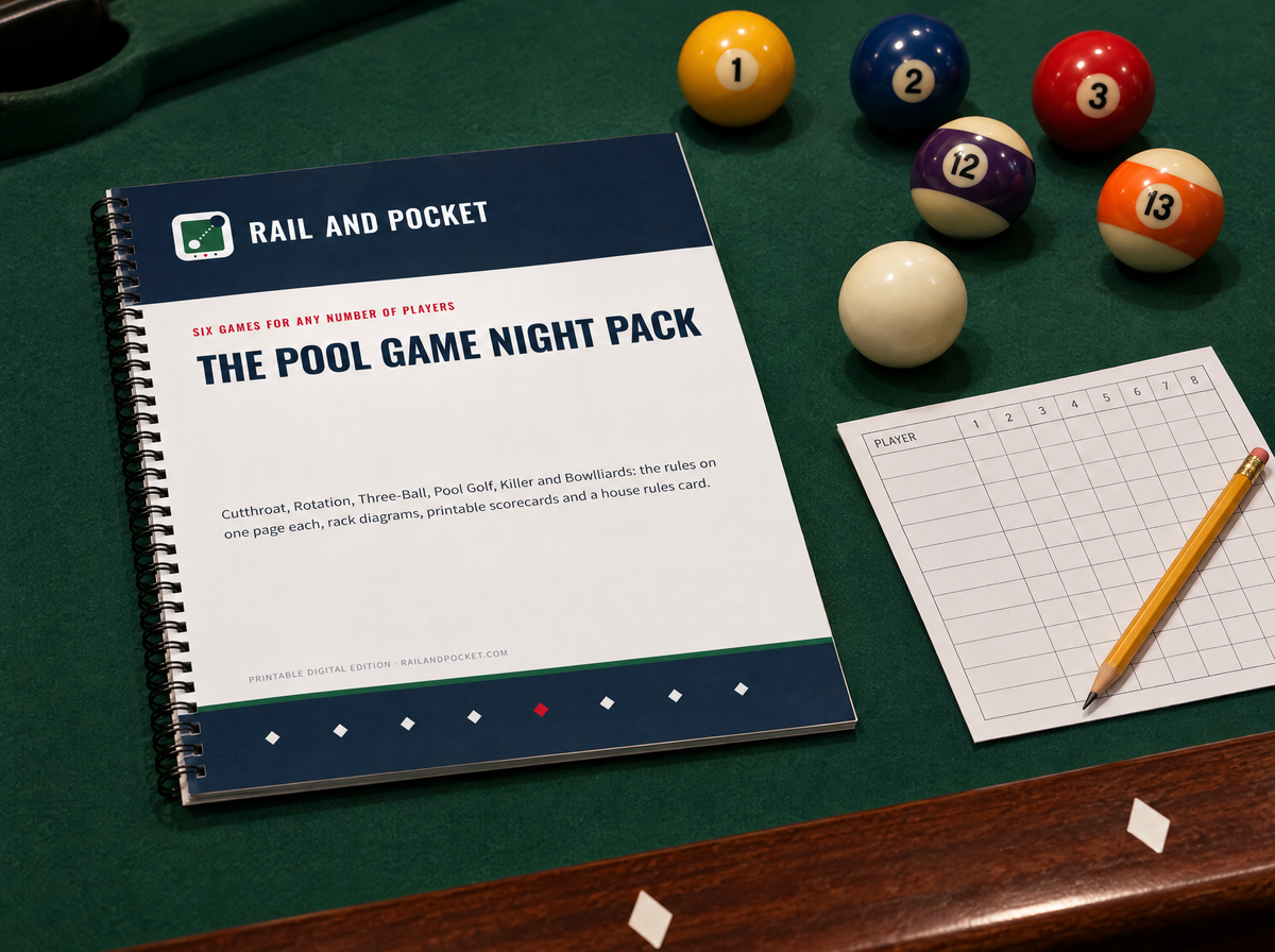 The Pool Game Night Pack printed booklet on a pool table with pool balls and a scorecard
